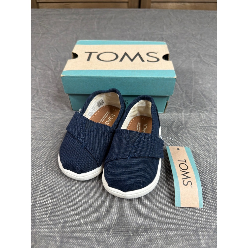 TOMS Shoes Kids 4 Tiny Alpargata Navy Canvas Hook and Loop NEW